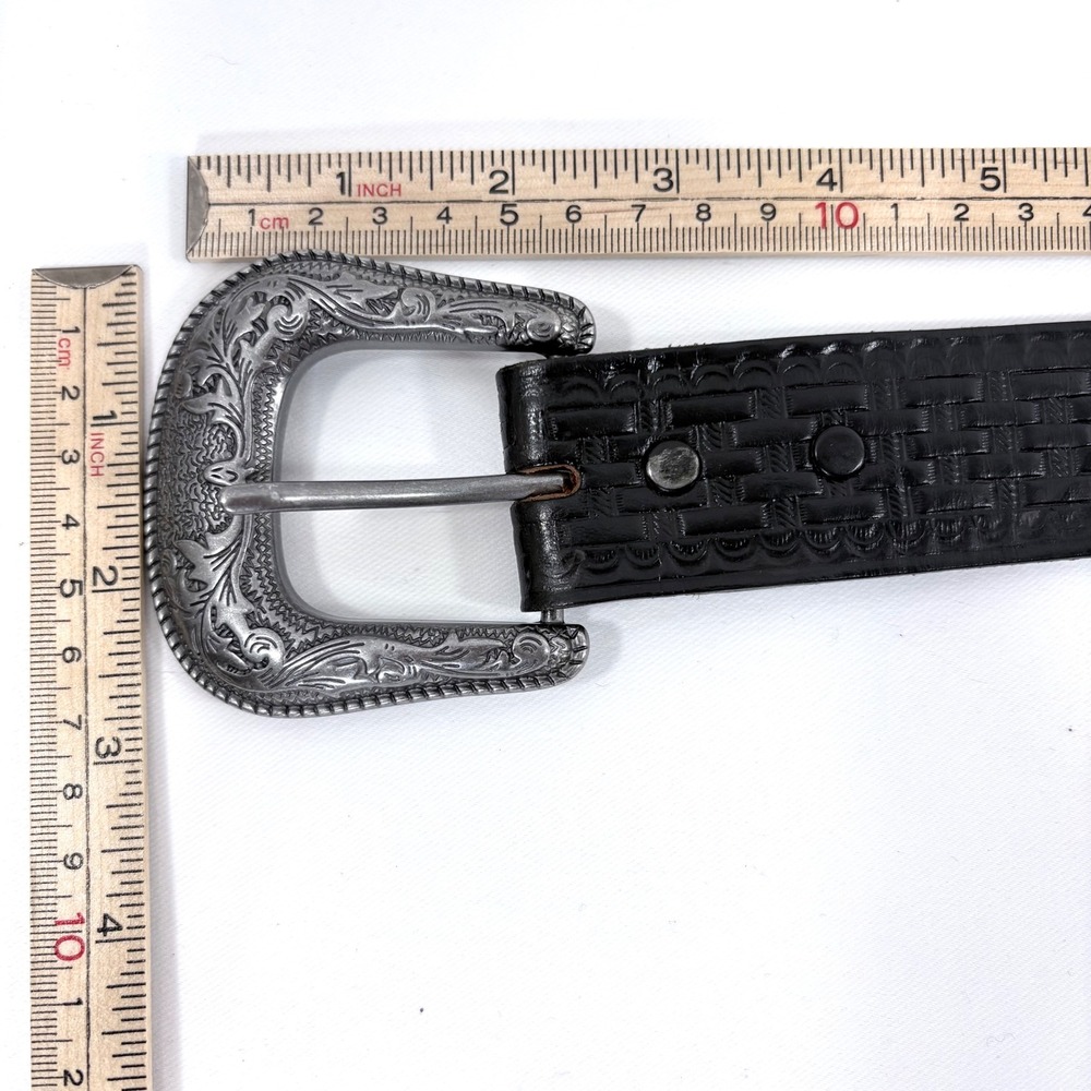 Vogel of Texas Belt Black Basketweave‎ Leather Western Floral Buckle Men Sz 42 - Picture 5 of 7